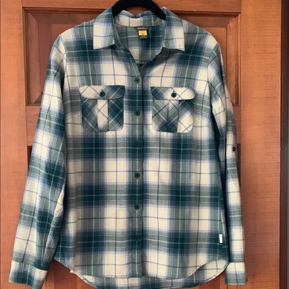 Eddie Bauer Green and White Plaid Button-Up Shirt